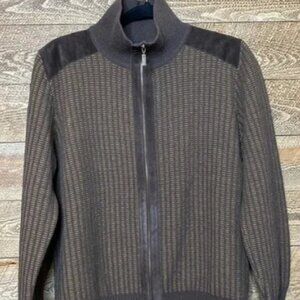 Men’s Moncler Italian Brown zipper front sweater with leather accents Size Large